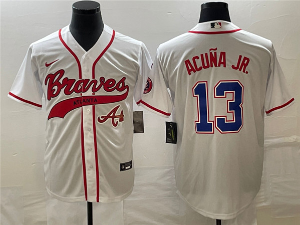 Men's Atlanta Braves #13 Ronald Acuña Jr. White Cool Base With Patch Stitched Baseball Jersey